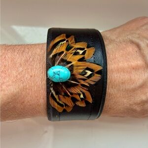 Black Leather Cuff with Feather and Turquoise Accent